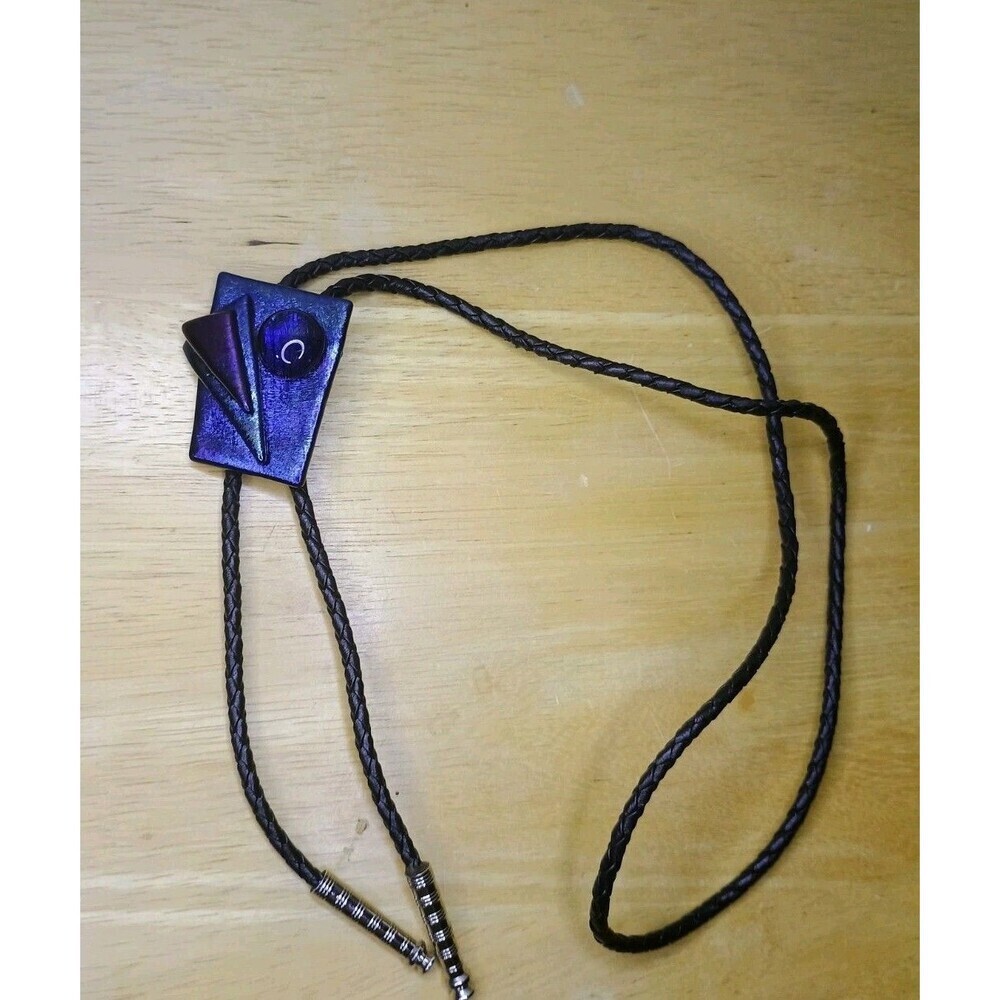 Vintage Abstract Raku Clay And Glass Bolo Tie Handcrafted